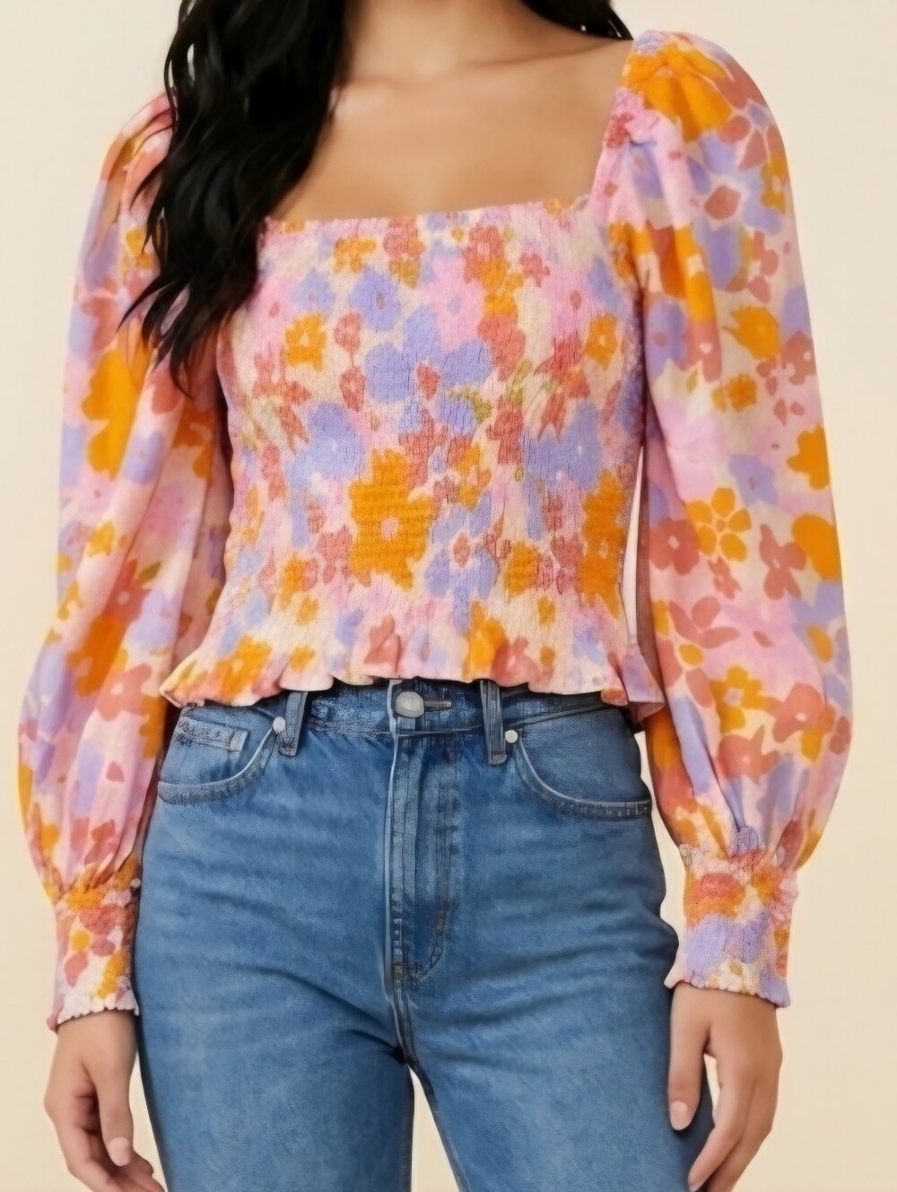 FREE PEOPLE We The Free Floral Smocked Puff Sleeve Top XS.